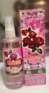 Frasco con atomizador y caja de agua de colonia de rosas de 100 ml con estampado de rosas rojas sobre fondo rosa