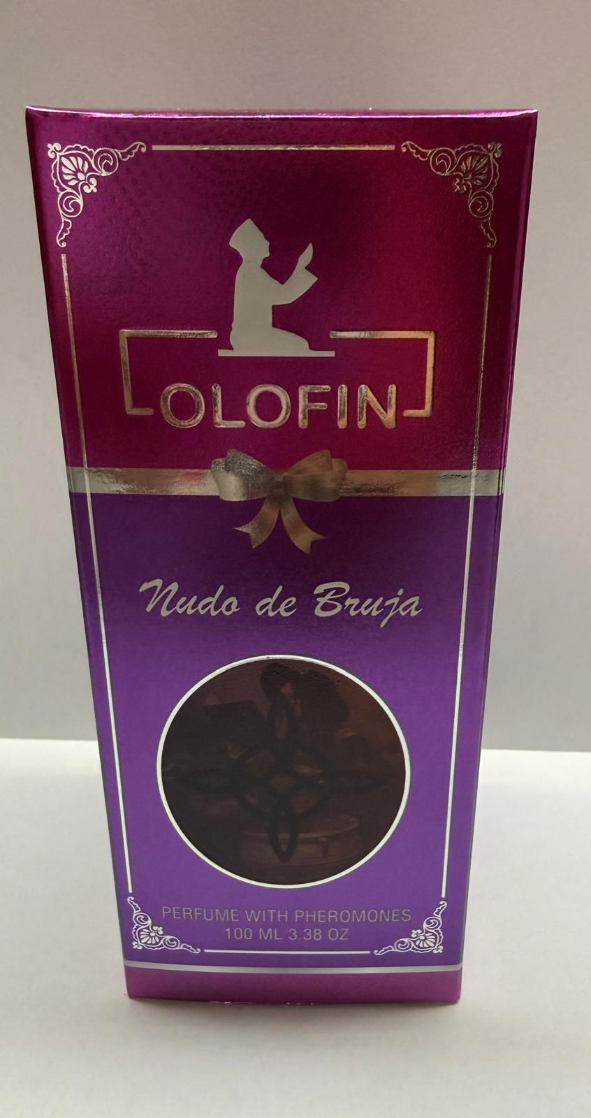 Empaque morado de perfume esotérico Olofin Nudo de Bruja con feromonas de 100 ml.